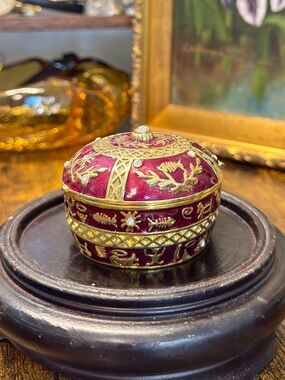 Vintage Egyptian Revival Gilded Crimson Enamel Trinket Box